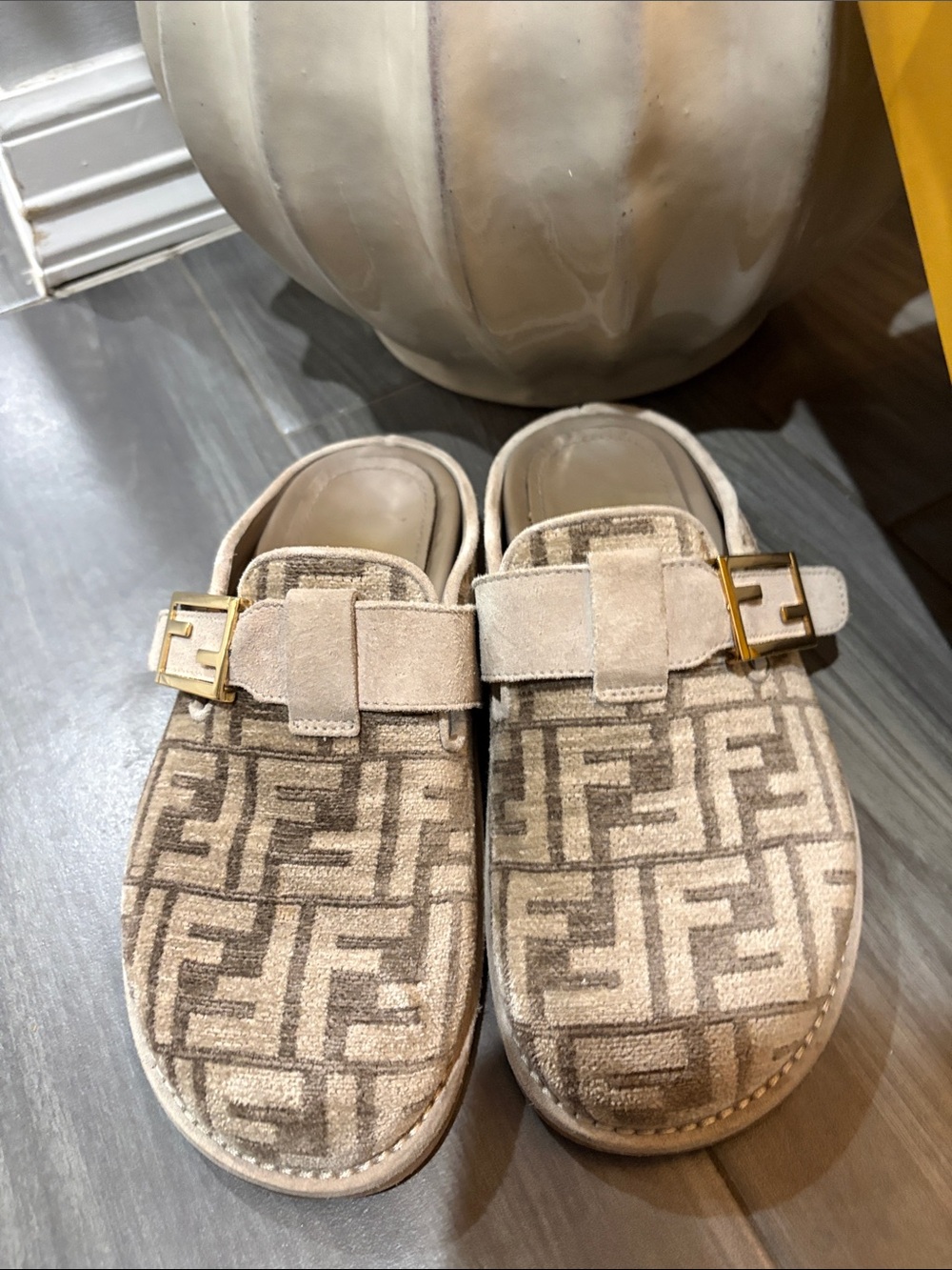 Authentic Fendi Beige Monogram Suede womens Slip-On Mules with Gold Buckle